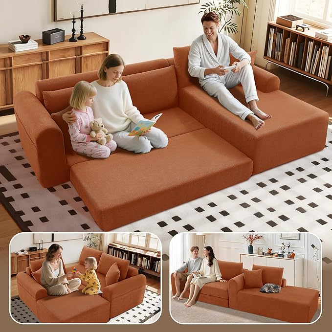 KBQ Modular Sectional Couch in a Box 103 L Shaped Boneless Cloud Couch with Deep Seat Convertible Sofa Bed for Living Room Bedroom Apartments No Assembly Required Orange Right Facing Chaise