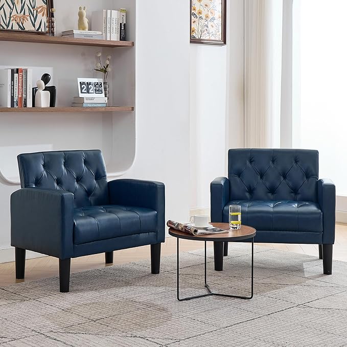TYBOATLE Accent Chairs Set of 2 Comfy Living Room Chair Leather Tufted Mid Century Modern Accent Chair Small Cozy Reading Arm Chair for Office Bedroom (2 Blue)