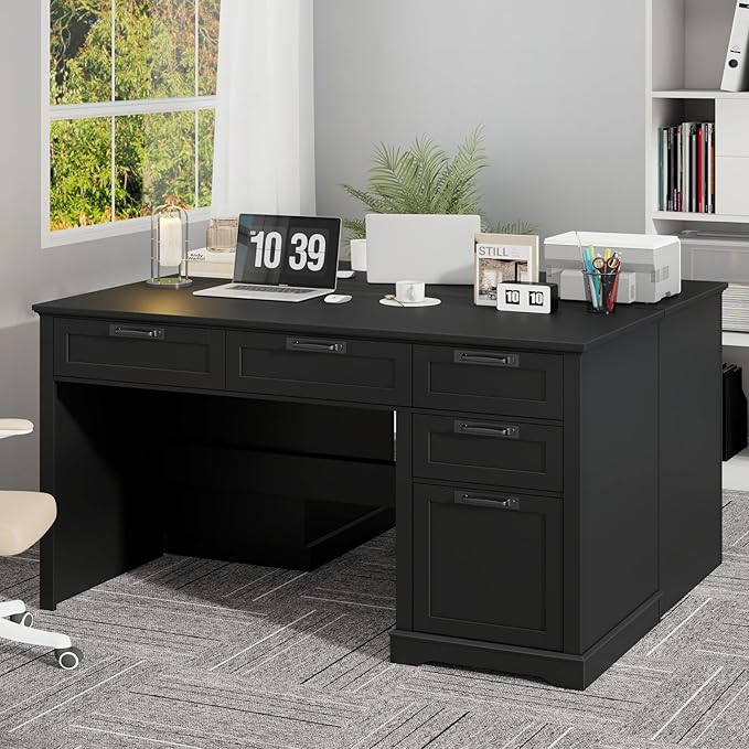 Vabches 55 Farmhouse Home Office Desk with File Drawer Executive Computer Desk with 4 Storage Drawers Rustic Computer Desk for Working Studying Writing Black