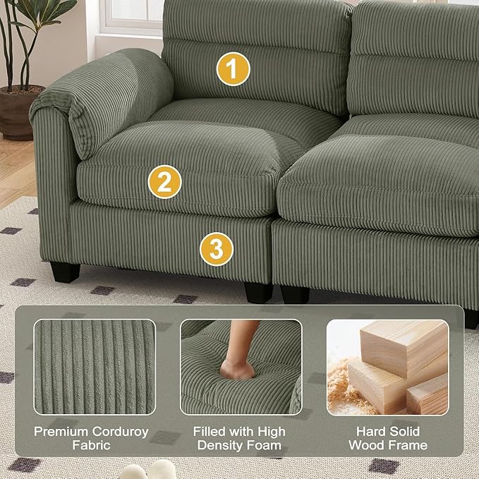 Corduroy Sofa Set Upholstered Armchair and Loveseat Sofa Set of 2 with Plush Cushions and Rolled Arms Modern Living Room Furniture SetsGreen