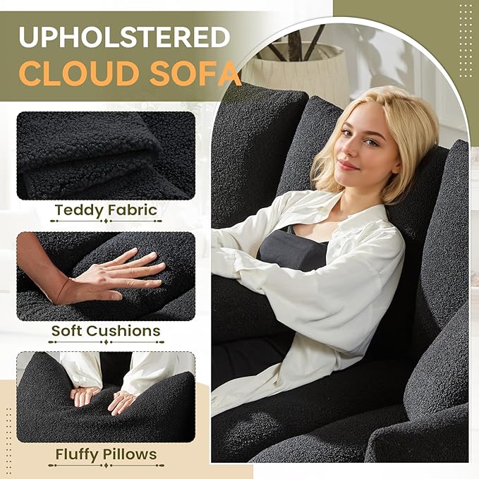 Modern Cloud Sofa Couch Set 2 Pieces Teddy Bouclé Couch and Loveseat Sets Tufted Upholstered Deep Seat Fluffy Comfy Couch Furniture Sets for Living Room Bedroom(Armchair+3 Seater Sofa Black)