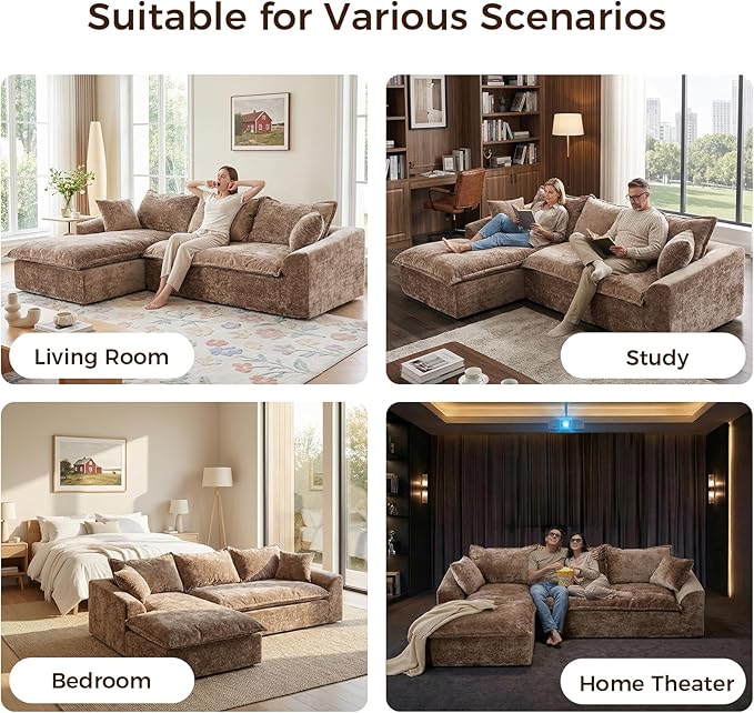 103”Modular Sectional SofaUpholstered Boneless Couch for Living Room BedroomModern Modular L-Shaped Chaise CouchCloud Sectional Sofa with Deep Seat (BrownLeft Facing Chaise)