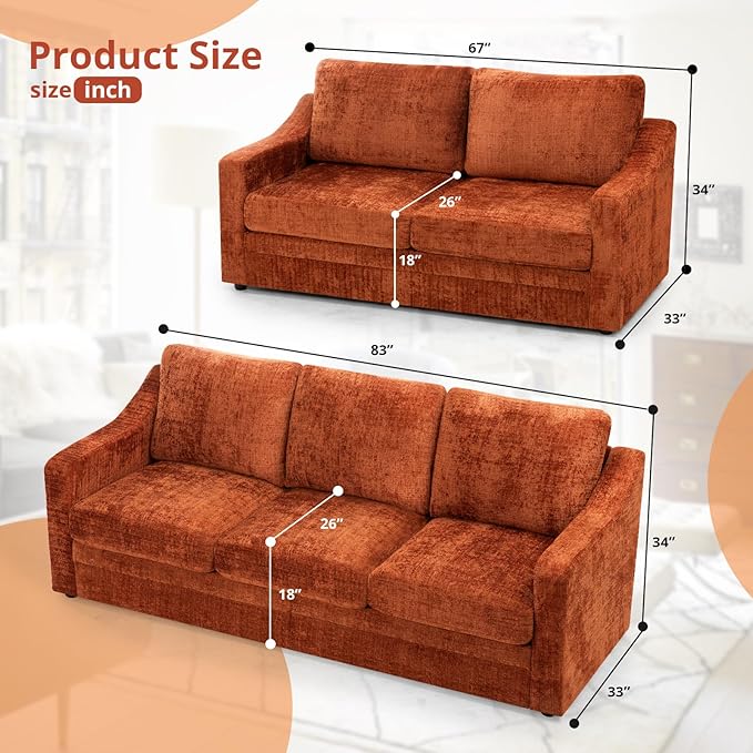2 Pieces Chenille Sofa Sets w/Comfortable Back Cushions Modern Loveseat &amp Sofa w/Deep Seat Space Upholstered 2 Seat &amp 3 Seats Couch Sets w/High Resiliency Foam for Living Room Office Orange