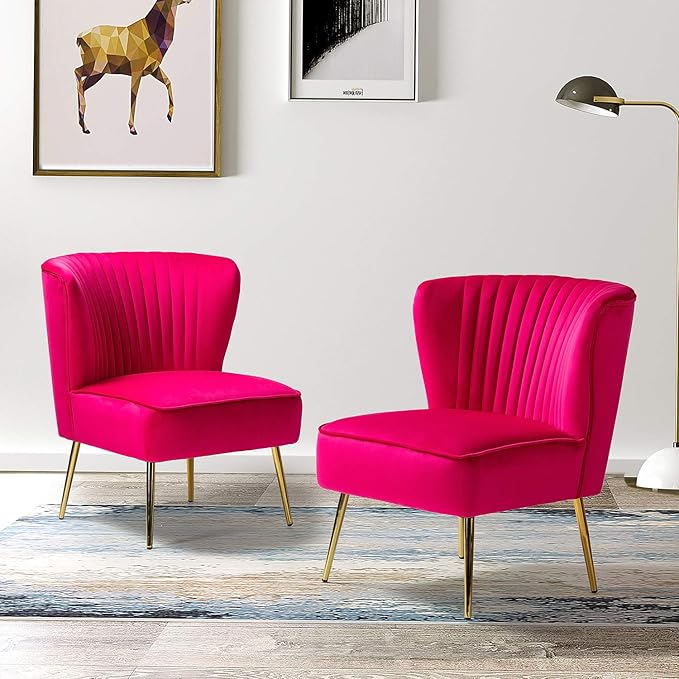 TINA'S HOME Monica Velvet Armless Side Chair Set of 2 Upholstered Accent Chair Comfy Living Room Chair with Golden Legs Wingback Mid Century Slipper Chair for Bedroom Guest Room- Fuchsia