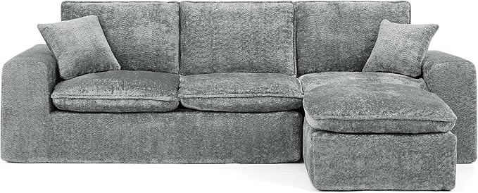 L-Shaped Boneless Modular Sectional Cloud Couches 4 Seat Modular Boucle Floor Foam Boneless Sofa Couch with Ottoman Headrest Pillows and Removable Cushions