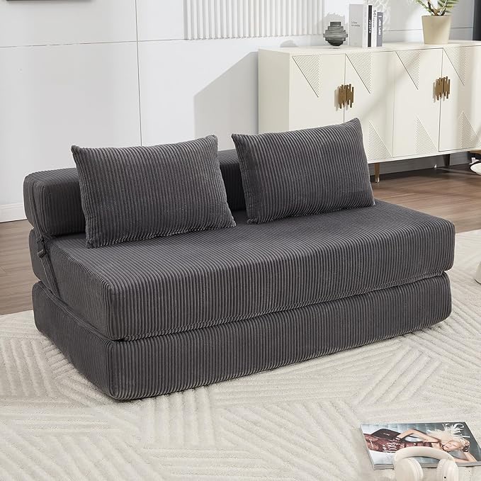 KIVENJAJA Folding Sofa Bed Full Size 3-in-1 Convertible Sleeper Sofa Corduroy Foldable Boneless Floor Futon Couch with Backrest &amp Pillows for Home Living Room Office Apartment Small Spaces Grey
