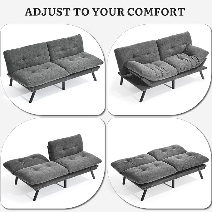 YITAHOME Convertible Futon Sofa Bed with Adjustable 3 Color Light Strip 70 Folding Futon Set for Living Room Home Office Aprtment Modern Futon Couch with Adjustable Backrest &amp Armrests Grey