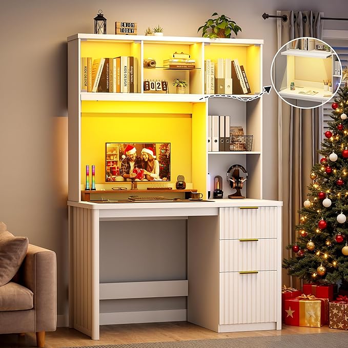 Standing Desk with LED Light for Office Room Smart Computer Desk with Hutch and Drawer for Game RoomModern Study Table with 2AC Port Charging Station/Lamp/for Bedroom (White)