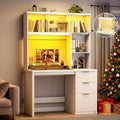Standing Desk with LED Light for Office Room Smart Computer Desk with Hutch and Drawer for Game RoomModern Study Table with 2AC Port Charging Station/Lamp/for Bedroom (White)