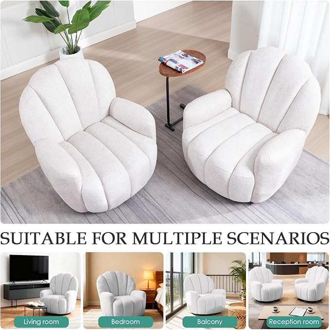 Mid Century Modern 360° Barrel Swivel Accent Sofa Chair Fluffy Cozy Linen Fabric Upholstery Lounge Upholstered Armchair Reading Chair Sturdy Base for Living Room Bedroom Office (Beige)