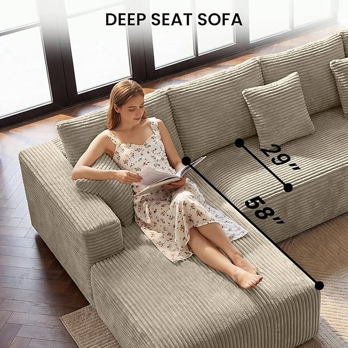 Belhome 135 Oversized Modular Sectional Sofa U-Shaped Cloud Couch with 59 Deep Seat Corduroy Boneless Couch with Convertible Chaise High-Resilience Foam Compression Sofa Camel 3 Packages