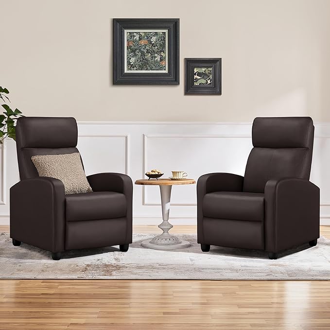 Yaheetech Padded Seat Recliner Chair Set of 2 Single Sofa Recliner Home Theater Seating PU Leather Upholstered Reclining Chair Brown