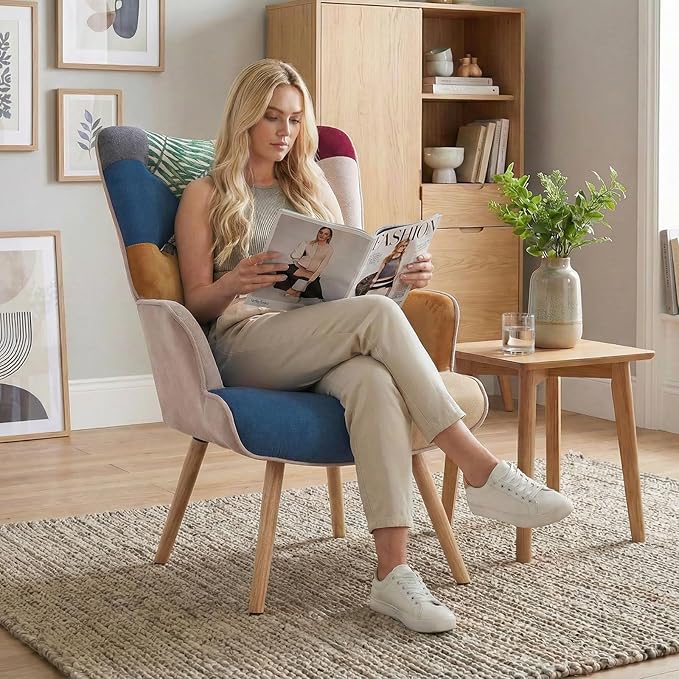 Joysoul Living Room Accent Chair Modern High Back Arm Chair Colorful Plaid Bohemian Style Chairs for Bedroom Waiting Room