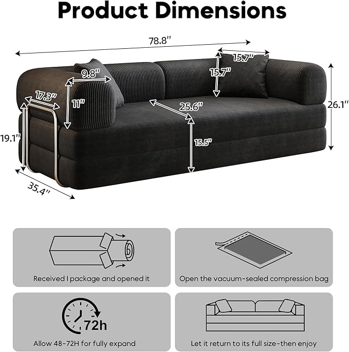 79 Convertible Sleeper Sofa Bed Modern Corduroy Floor Couch Bed with Silver Fixed-Shape Frame Modular Sofa with Pull Out Bed Loveseat Sleeper Boneless Couch for Living RoomBlack