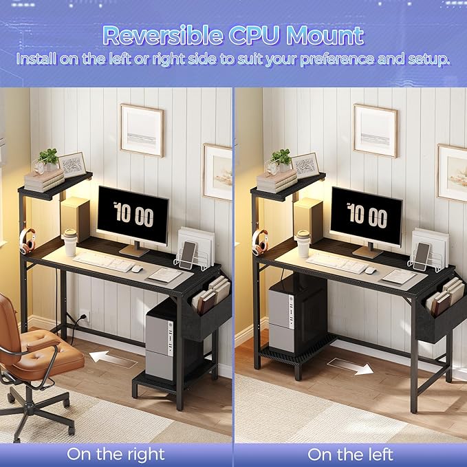 Gaming Desk Computer Desk with Charging Station and LED Light Small PC Desk with Side Storage Bag and Shelves 2 Hooks for Living Room Home Office Bedroom Black CDHS134E01