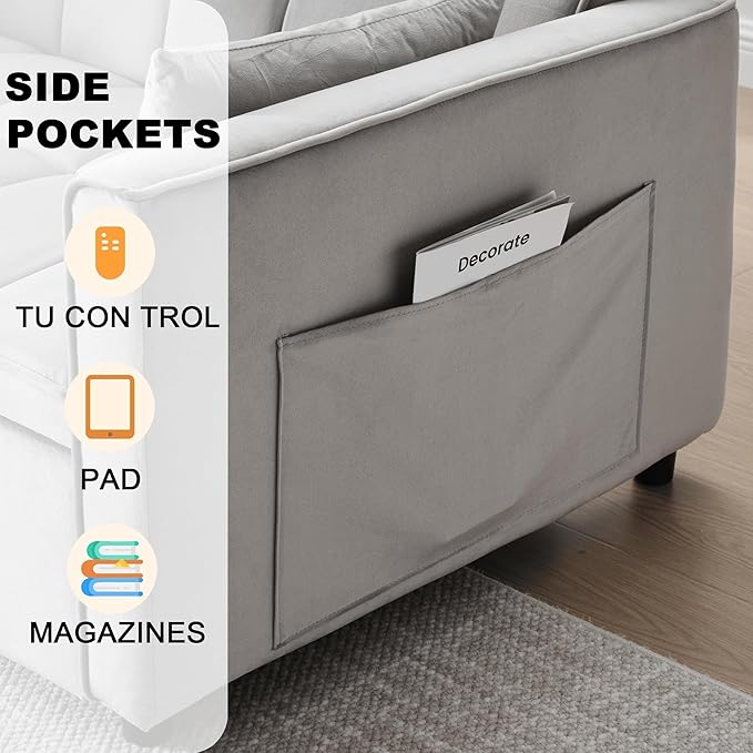 Velvet 3-in-1 Convertible Sofa Bed - USB Charging Port Adjustable Backrest Loveseat Sleeper for Small Space Apartment Versatile Futon Pull Out Couch for Living RoomGray