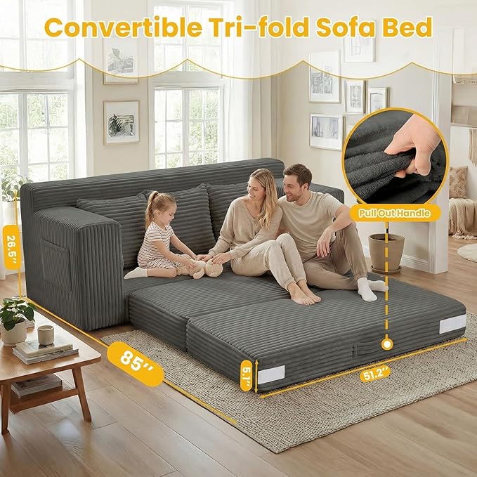 Boneless Couch Sleeper Sofa Bed: 3-in-1 Convertible Sofa Bed with Side Pockets &amp HandlePull Out Couch with 3 PillowsFolding Futon for Small SpaceLiving Room &amp Bedroom