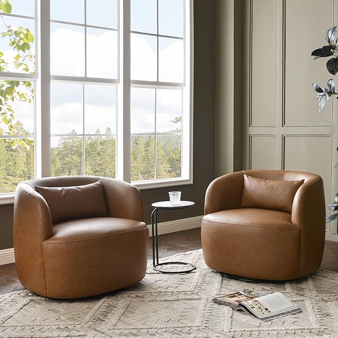 KINWELL Faux Leather Swivel Armchair Set of 2 No Assembly Upholstered PU Leather Swivel Accent Chairs with Toss Pillow for Living Room Office Lounge Camel