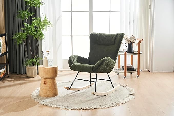 Rocking Chair Nursery Solid Wood Legs Reading Chair with Teddy Fabric Upholstered Nap Armchair for Living Rooms Bedrooms Offices Best GiftGreen Teddy Fabric
