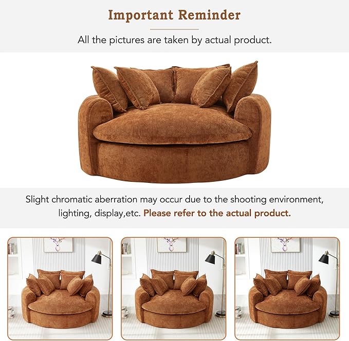 Merax 59.8 Modern Round Chaise Sofa Bed Loaf Sofa with 8 Pillows Upholstered Boneless Sofa for Living Room Full-Compressed Soft Chenille Fabric Orange