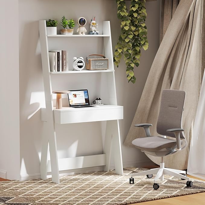Tangkula Ladder Desk with Countertop &amp Drawer Home Office Computer Laptop Table with Open Shelves &amp Anti-Tip Kits Wall-Leaning Compact Working Station for Small Spaces (White)