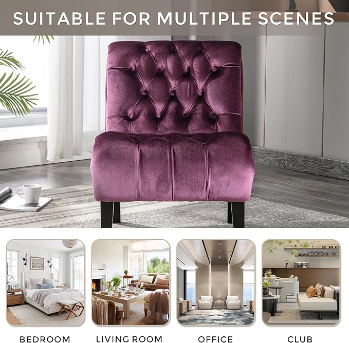 Yoluckea Modern Upholstered Accent Chair S-Shape Armless Lounge Chair for Bedroom Living Room Comfy Velvet Chaise Chairs with Button Tufted Back and Solid Wood Legs Purple