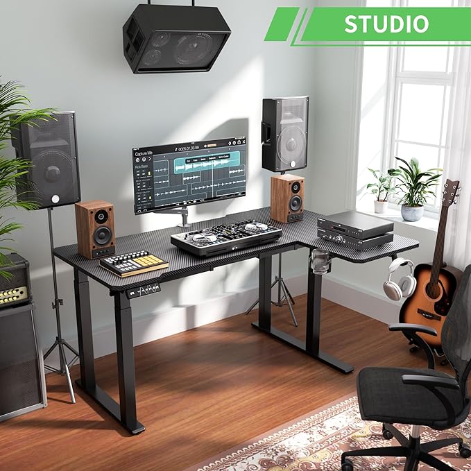 X-Win 63 Inches L-Shaped Electric Standing Desk Dual Motor Height Adjustable Stand Up Corner Desk Sit to Stand Workstation Carbon Fiber Top