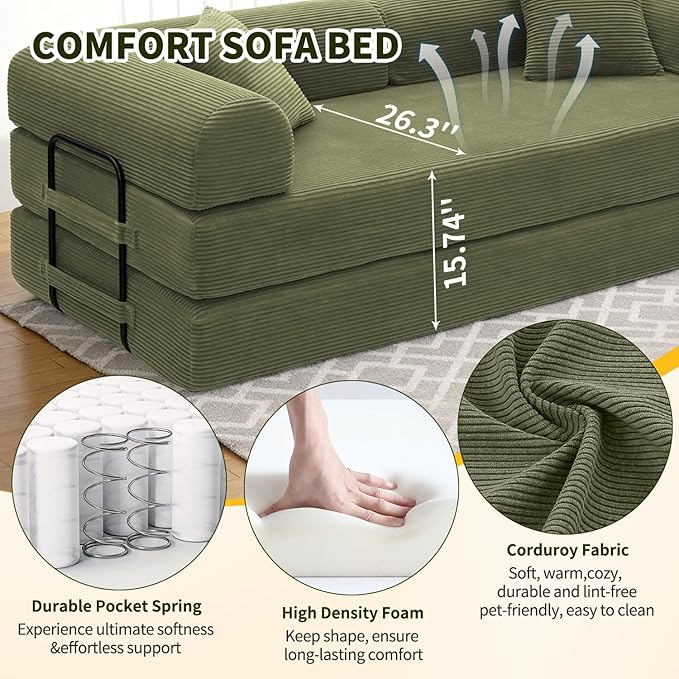 Convertible Sleeper Sofa Bed 1600lbs Weight Capacity Floor Sofa Bed with Fixed-Shape Frame Corduroy Foldable Couch for Small Space Lounge Mattress for Living Room Apartment Game Room (Green)