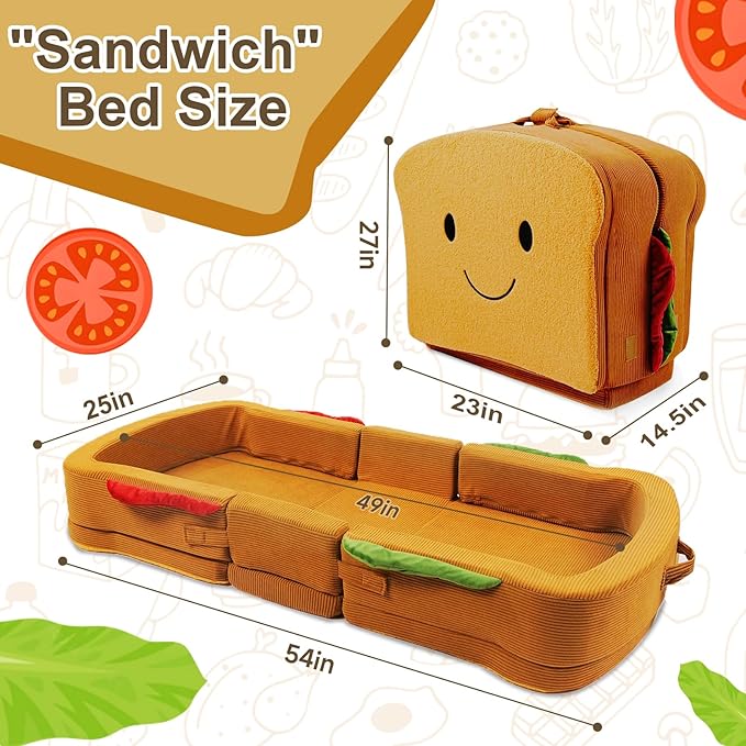 Toddler Travel Bed Sandwich Style - Portable Toddlers Floor Beds Foldable Soft Foam Travel Crib for Baby and Kid Washable Cover Toddler Cot with Safety Rail for Travel Home/Travel Sleep