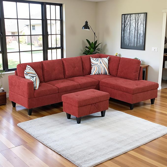 L Shaped Couch Sectional Couch Upholstered Flannelette 3 Pieces Sofas for Living Room with Chaise Ottoman with Storage for Office and Small Apartment Red