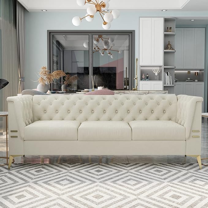 Tomkate 83 Beige Velvet Chesterfield Sofa Mid-Century Modern Tufted 3-Seater Couch with Flared Arms Removable Cushions &amp Gold Metal Legs for Living Room (Beige)
