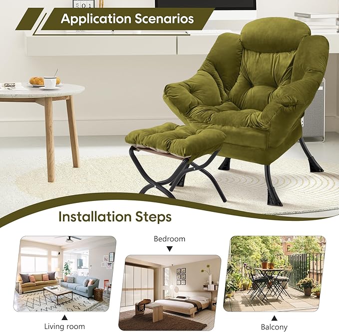 Lazy Chair with Folding Ottoman Modern Large Accent ChairContemporary Lounge Leisure Sofa Chair with Armrests Upholstered Sofa Armchair Reading Chair for BedroomDorm &amp Office(Green-f)