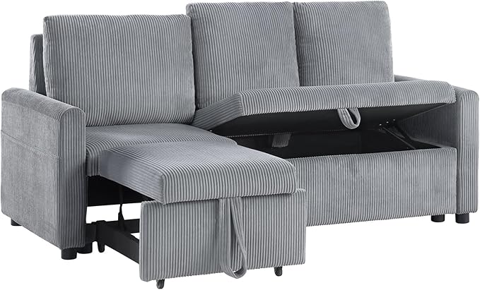 Lilola Home Oswin 70 W Gray Corduroy Fabric Sleeper Sofa with Pull-Out Chaise and Tufted Cushions – Modern Space-Saving Convertible Couch for Small Apartments or Guest Rooms