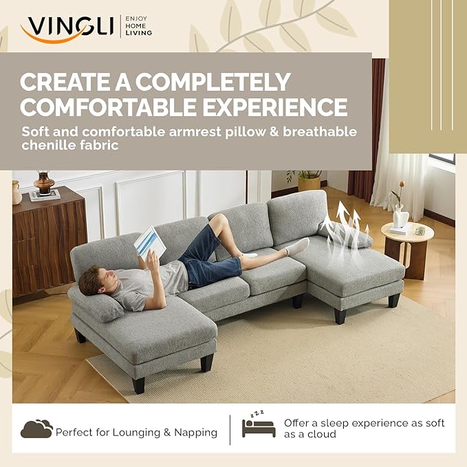 VINGLI 110' U-Shaped Sectional Couch with Two Chaise Affordable Small Sofa with 4 Seats Chenille Fabric Comfy Couches for Living Room Blue