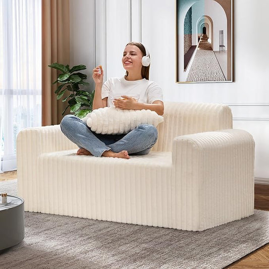 Hobestluk Couch Sofa 2-Seater Foam Sofa Loveseat for Small Spaces Comfy Sofas with Removable Cover Furry Couch with Pillows for Living Room Bedroom Apartment Office (White Loveseat)