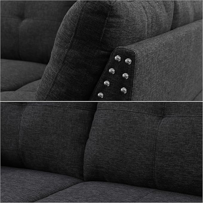 L Shaped Sectional Sofa with Ottoman Linen Modern Couches Nail-Head Design with Cup Holder for Living RoomOffice Bedroom Dark Grey