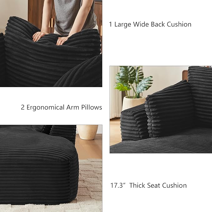 45.3W Boneless Chaise Lounge Sofa Chair Indoor Oversized Corduroy Reading Cloud Couch with Soft Pillows Comfy Single Seat Floor Sleeper Sofa Bed for Living Room Apartment Office Small Spaces
