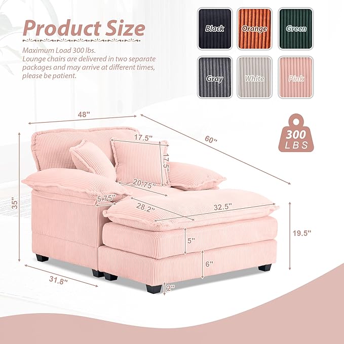 TTK Oversized Chaise Lounge Chair with Ottoman - 39.17 Wide Modern Sleeper Sofa for Living Room Bedroom &amp Office - Deep Seat Sectional Couch with Pillow Comfortable Reading ChairWhite