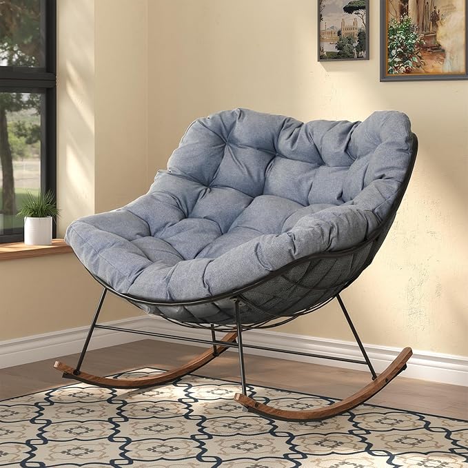 Grand patio Rocking Chair Indoor with Thick Cushion Oversized Metal Papasan Rocking Chair for Living Room