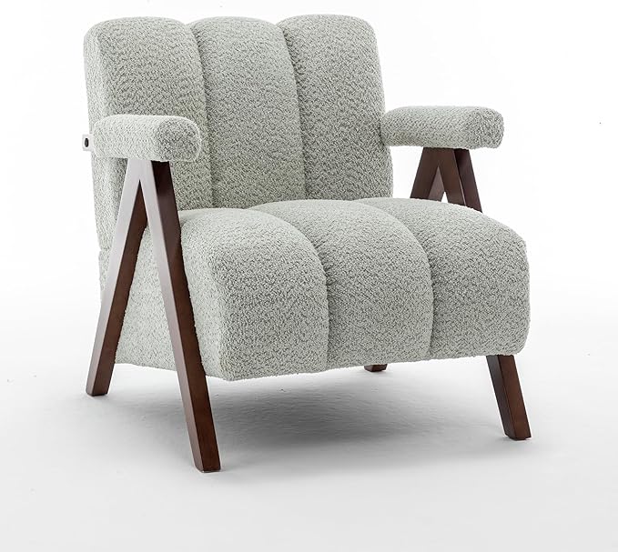 Mid Century Modern Accent Chair with Solid Wood Frame Boucle Upholstered Living Room Chairs with Thick Cushion Comfy Tufted Arm Chair for Bedroom Sage