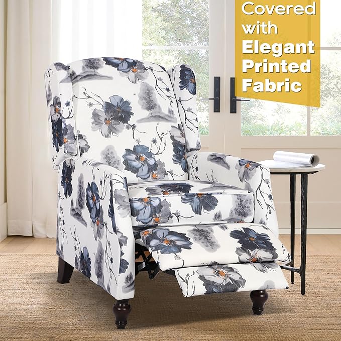 Set of 2 Wingback Recliner Chairs Mid-Century Modern Push-Back Manual Recliners for Adults Upholstered Floral Accent Chairs with Solid Wood Legs for Living Room &amp Bedroom Blue