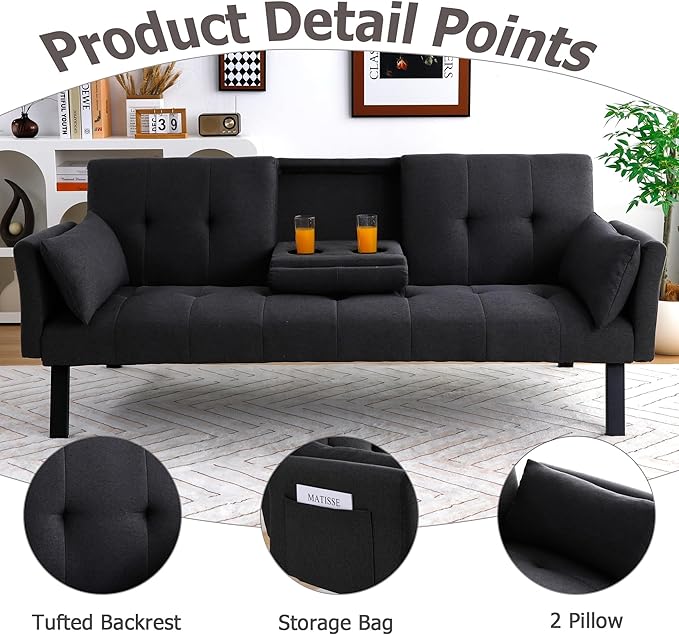 70 Futon Sofa with CupholdersAdjustable Backrest Cotton Linen with Cup Holders and 2 Throw Pillows Sleeper Sofa for Living Room Apartment Small Space (Dark Grey)