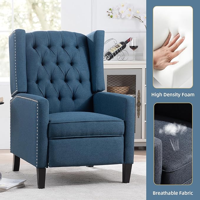 Wing Back Recliner Chair for Living Room Push Back Reclining Chairs Club Accent Chair Lounge Armchair Comfy Fabric Arm Chair with Rivet Decoration Tufted Back Solid Wood Legs Blue