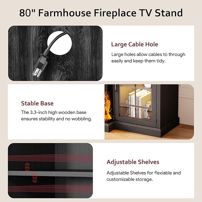 80 Fireplace TV Stand with 3-Sided Glass TV Cabinet for TVs up to 90 Modern Media Entertainment Center with Farmhouse Glass Door Storage Cabinets for Living Room Black