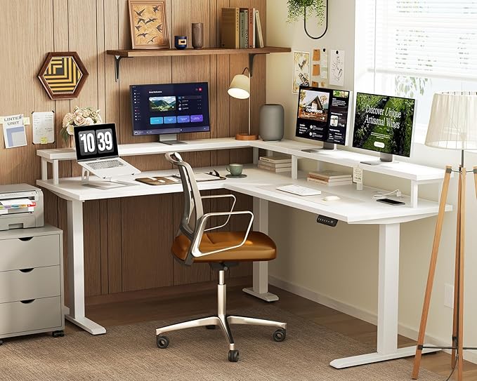 AODK Electric L Shaped Standing Desk 59 Inch Height Adjustable Stand Up Desk with Power Outlets ＆ Full Monitor Stand Reversible Corner Desk for Home Office ＆ Computer Workstation White