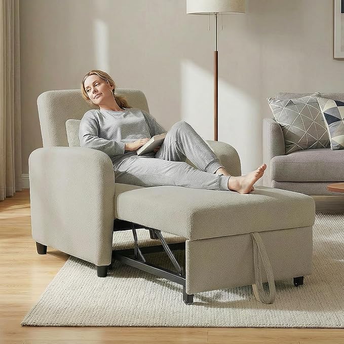 CHITA Sleeper Chair 3-in-1 Pull Out Convertible Single Sofa Bed with Adjustable Backrest Chenille Chaise Lounge Chair for Living Room Bedroom &amp Apartment Stone
