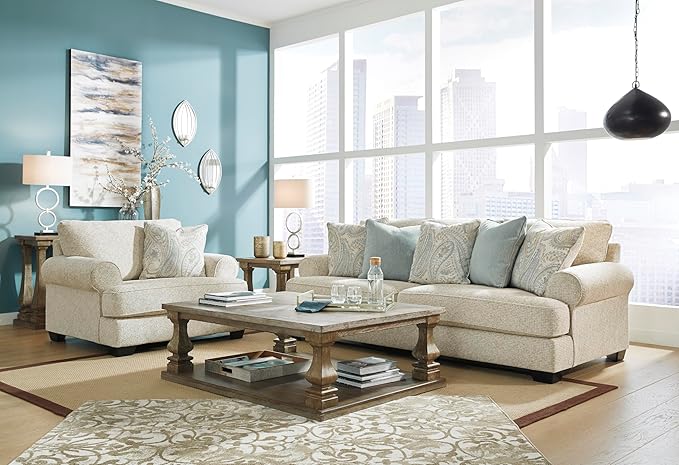 Signature Design by Ashley Monaghan Vintage Sofa with Accent Pillows Reversible Cushions and Rolled Arms Beige