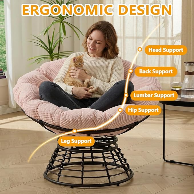36” Papasan Chair with Cushion and Frame Oversized Papasan Chairs 360° Swivel Olefin Adjustable Feet Suitable for Living Room Patio Bedroom Indoor/Outdoor (Pink)
