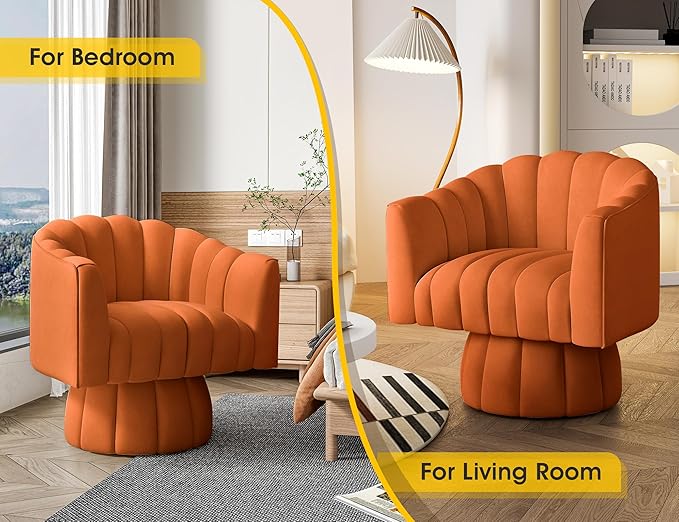 Accent Chair Mid Century 360 Degree Swivel ChairModern Lounge Sofa Round Barrel Chair with Wide UpholsteredFluffy Velvet Fabric Chairs for Home Sofa Living Room/Bedroom/Waiting Room (Orange)
