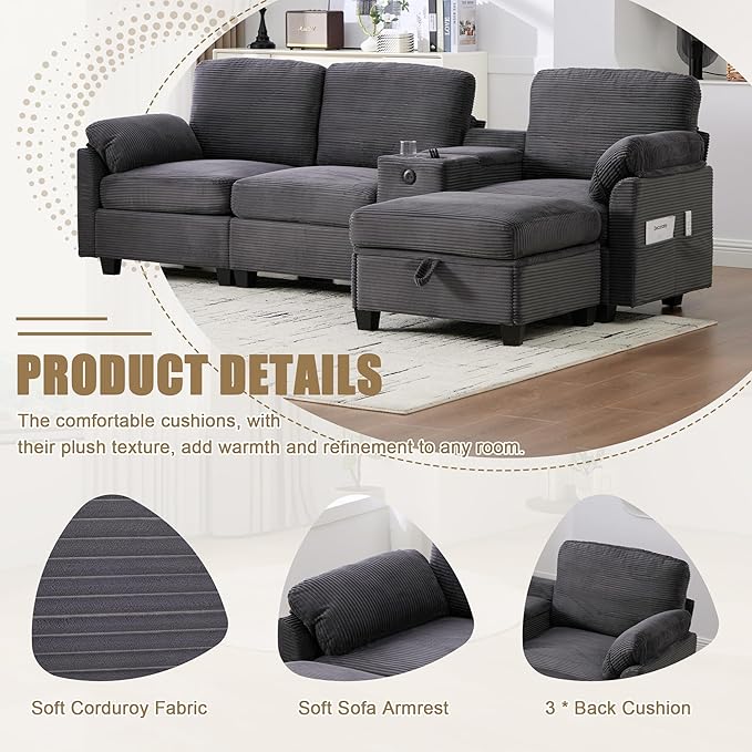 KEIKI 105 L-Shaped Oversized Corduroy Modular Sectional Sofa with 1 Ottoman and Multi Functional Console 4-Seater Upholstered Couch with USB and 2 Cup Holder Easy Assembly for Living Room Gray